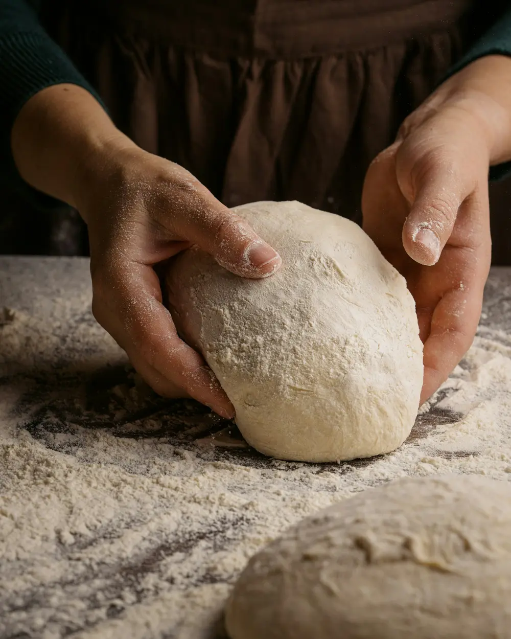 Mains d'artisan façonnant une boule de pâte sur un plan de travail fariné